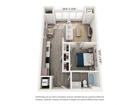 Floor plan for studio, 1 bath, 661 sqft